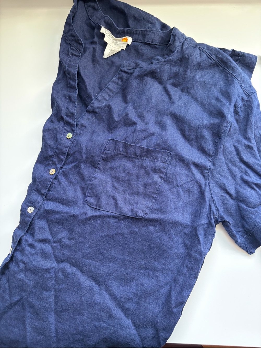 Linen C&C California Woman’s Navy Short-Sleeve Button Up Pocket Shirt Coastal Q1